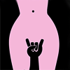 A female silhouette, with fingers making the "rock" gesture to define her legs/crotch.  Hot pink and black.