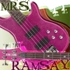Pink bass guitar with the words "Mrs. Ramsay"