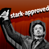 Greyscale image of Robert Downey Jr as Tony stark giving a thumbs up against a red background. Text reads: "Stark-Approved".