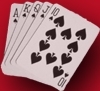 A royal flush in spades on red background.