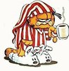 Garfield, with bunny slippers and tea. Glaring.