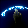 hand reaching for glowing quenya text