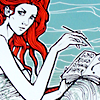Illustration of woman with red hair writing.