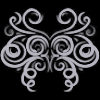 A stylized doodle of a grey butterfly on black.