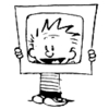 Calvin holding a cardboard tv-shape up