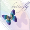 Graphic butterfly image. Says 'butterfly'. The background has a gradient, pink and greenish blue. The butterfly has a radial coloration pattern.