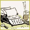 clip art style typewriter with iced tea and book