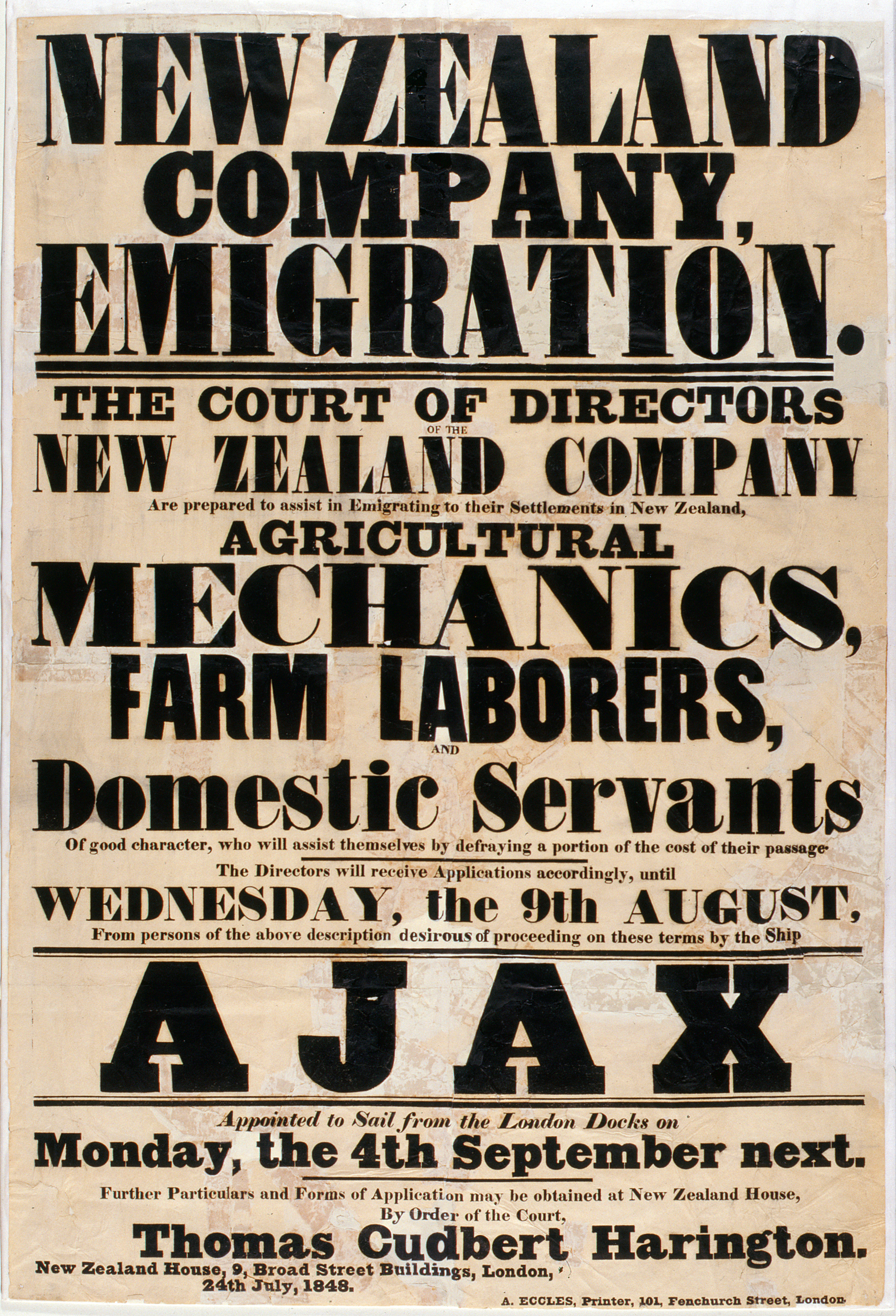New Zealand Company, Emigration [Ajax] poster · ourheritage.ac.nz OUR
