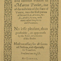 The most noble and famous travels of Marco Polo [title page of the first edition].