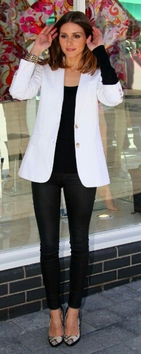 white blazer black pants