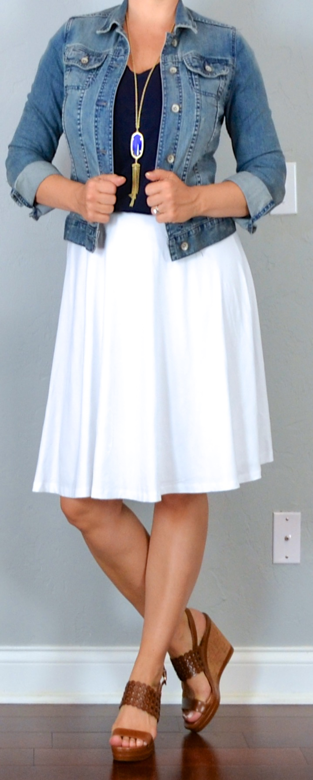 white shirt with jean skirt