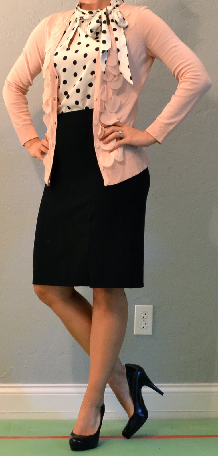 outfit post pink cardigan, polka dot blouse, black pencil