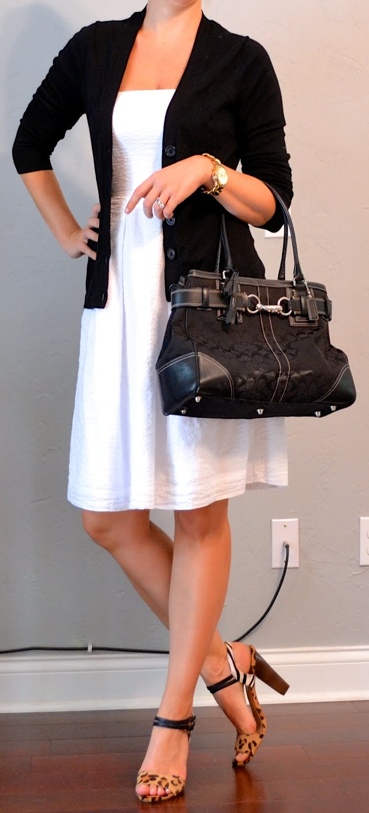 outfit post white dress, black cardigan, leopard shoes