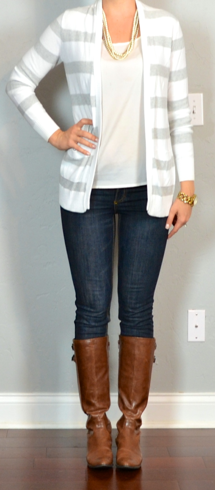 outfit post grey striped sweater, skinny jeans, riding boots