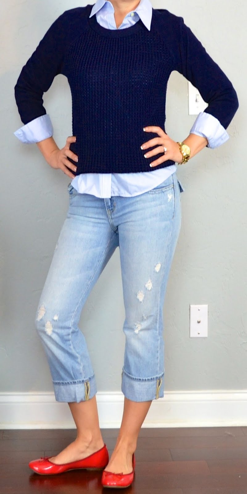 blue pants white button down