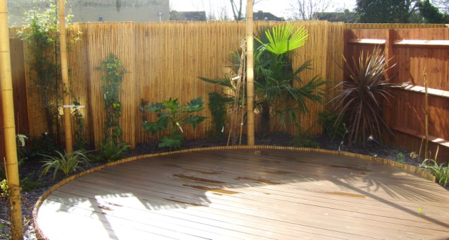 Beneath this a circular deck was built and stained a rich brown. Blue LEDs were inserted to the surface, and to the step down to the patio, to give the ‘wow’ factor our client desired.