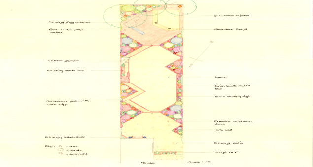 The new design was intended to counteract the narrowness and length of the garden by bringing a series of triangular raised beds jutting into the garden at intervals. 