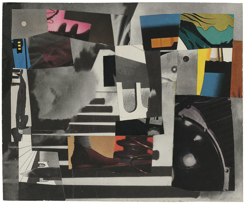 . Paper collage mounted on plexi, 7" x 8-1/2" (17.8 cm x 21.6 cm).
