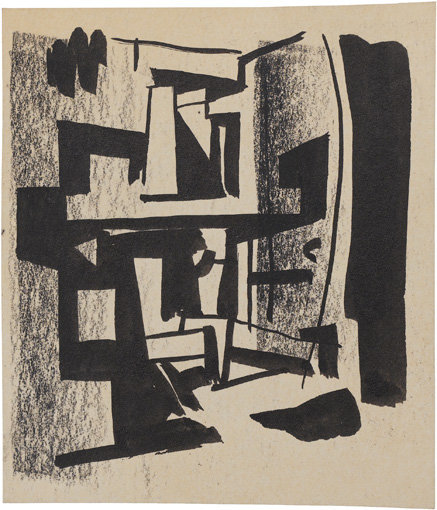 . Black pencil and ink on paper, 3-1/2" x 3" (8.9 cm x 7.6 cm); irregular.
