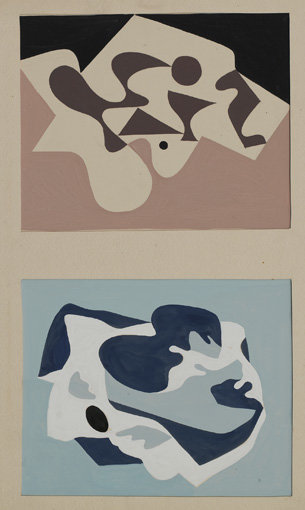 . Gouache and graphite on board, 19-15/16" x 16" (50.6 cm x 40.6 cm), overall, 2 works mounted together 8" x 9-7/8" (20.3 cm x 25.1 cm), work a 8" x 9-15/16" (20.3 cm x 25.2 cm), work b.