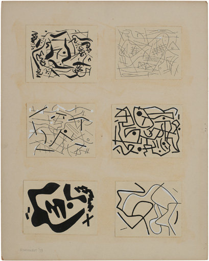 . Gouache, graphite and ink on paper, 21" x 17" (53.3 cm x 43.2 cm), overall, 6 works mounted together 4-1/8" x 5-3/8" (10.5 cm x 13.7 cm), each, approximately.