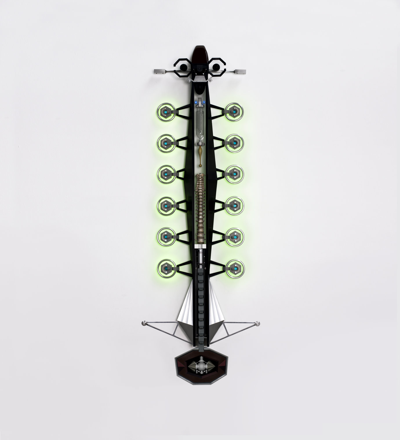 . Acrylic, spray-paint, wood, plastic, metal, light, motor, mechanical appliances, electronic controller, lcd screen, 230 x 82 x 16 cm.