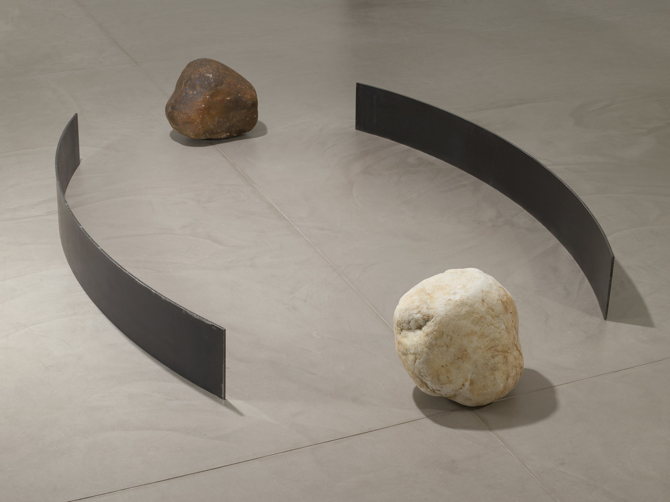 , 2008. Steel, stone, 10" x 87" x 10-1/2" (25.4 cm x 221 cm x 26.7 cm), 2 steel plates, each
15" x 18" x 16" (38.1 cm x 45.7 cm x 40.6 cm), dark stone
15" x 15" x 12" (38.1 cm x 38.1 cm x 30.5 cm), light stone.