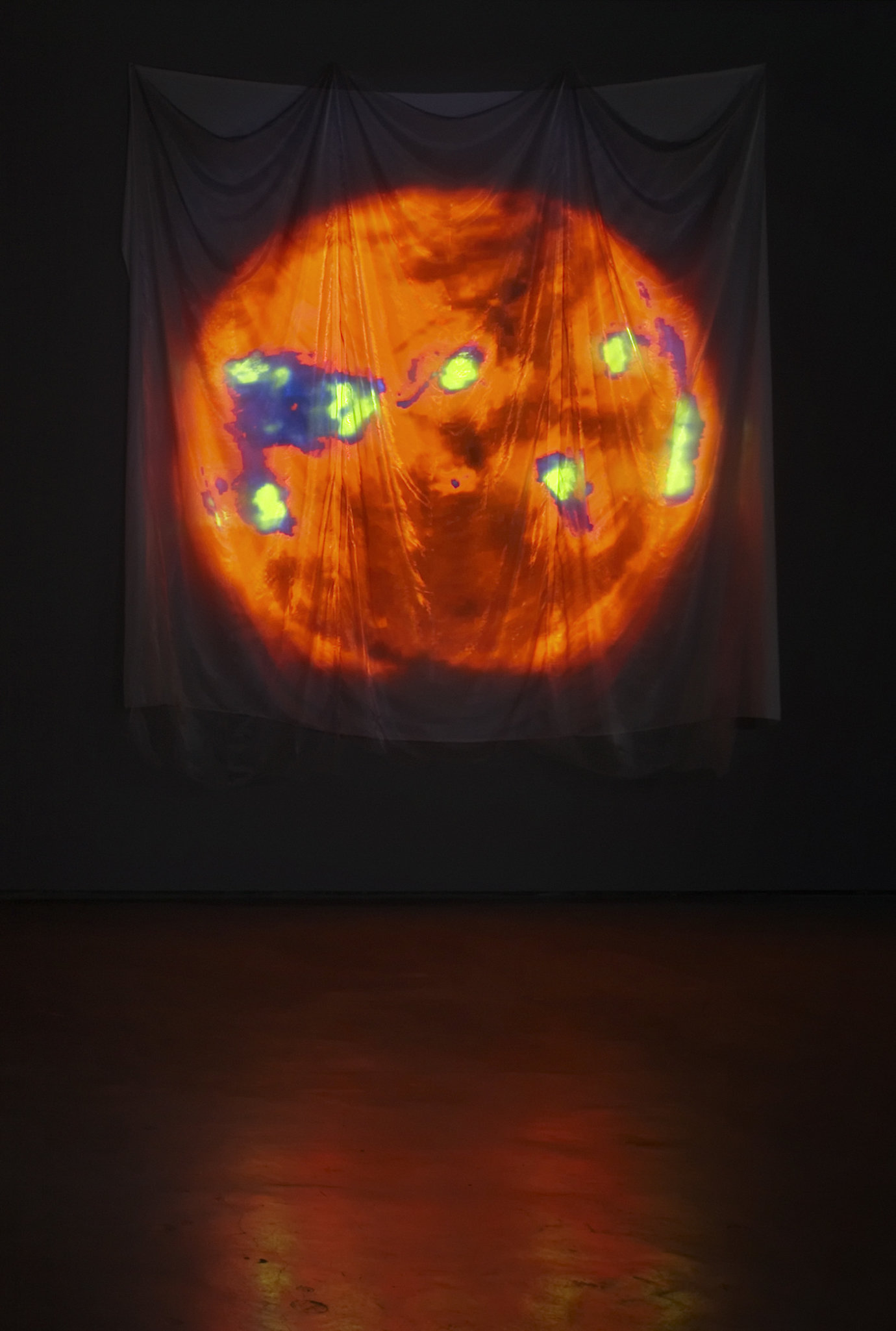 , 2007. Cloth with random digital video projection, installation dimensions variable; cloth approximately 14' x 12'
(426.7 cm x 365.8 cm).