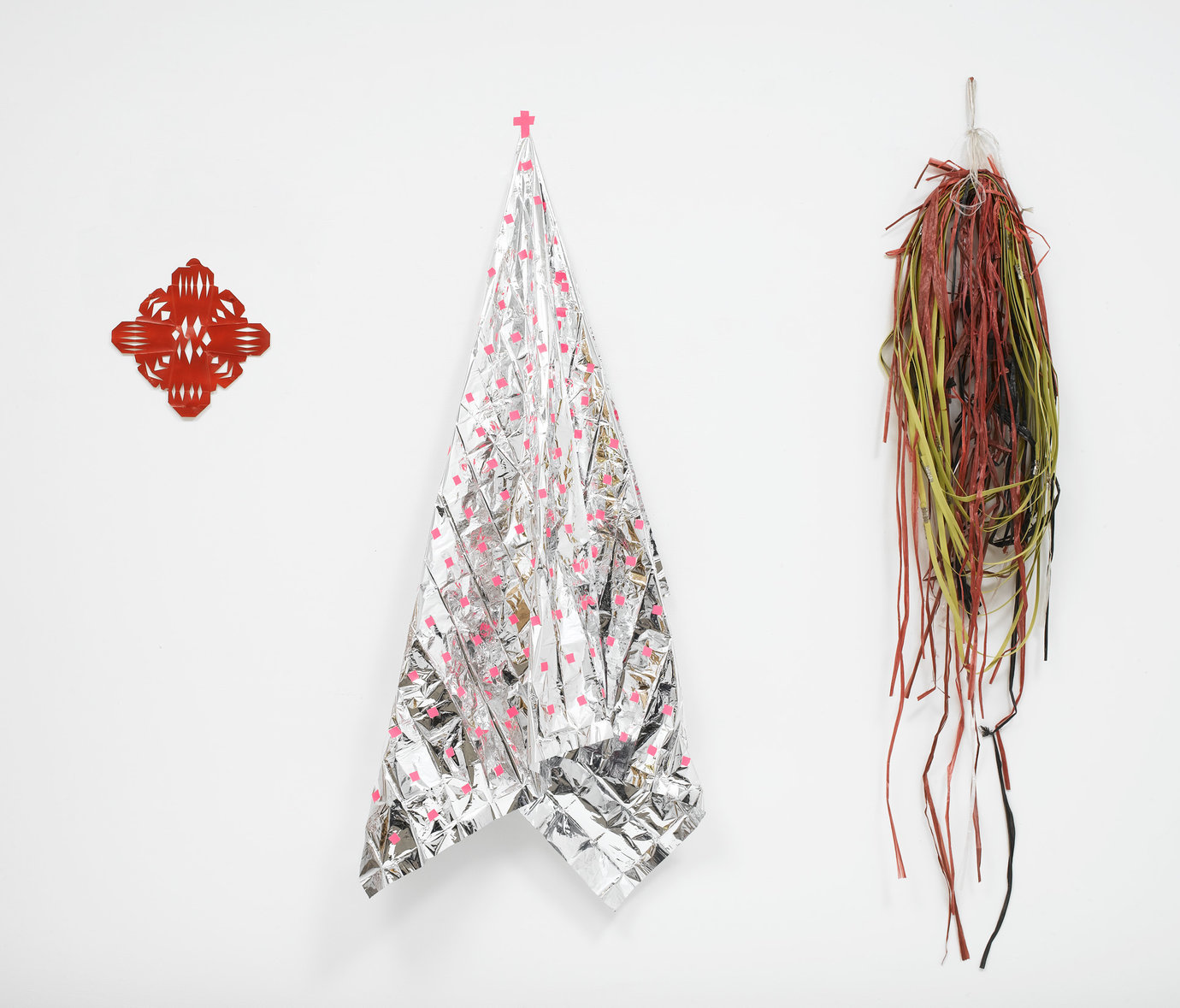 , 2007. Spray paint, paper, aluminized non-stretch polyester rescue blanket, artist tape, synthetic strapping tape and metal crimps, installation dimensions variable.