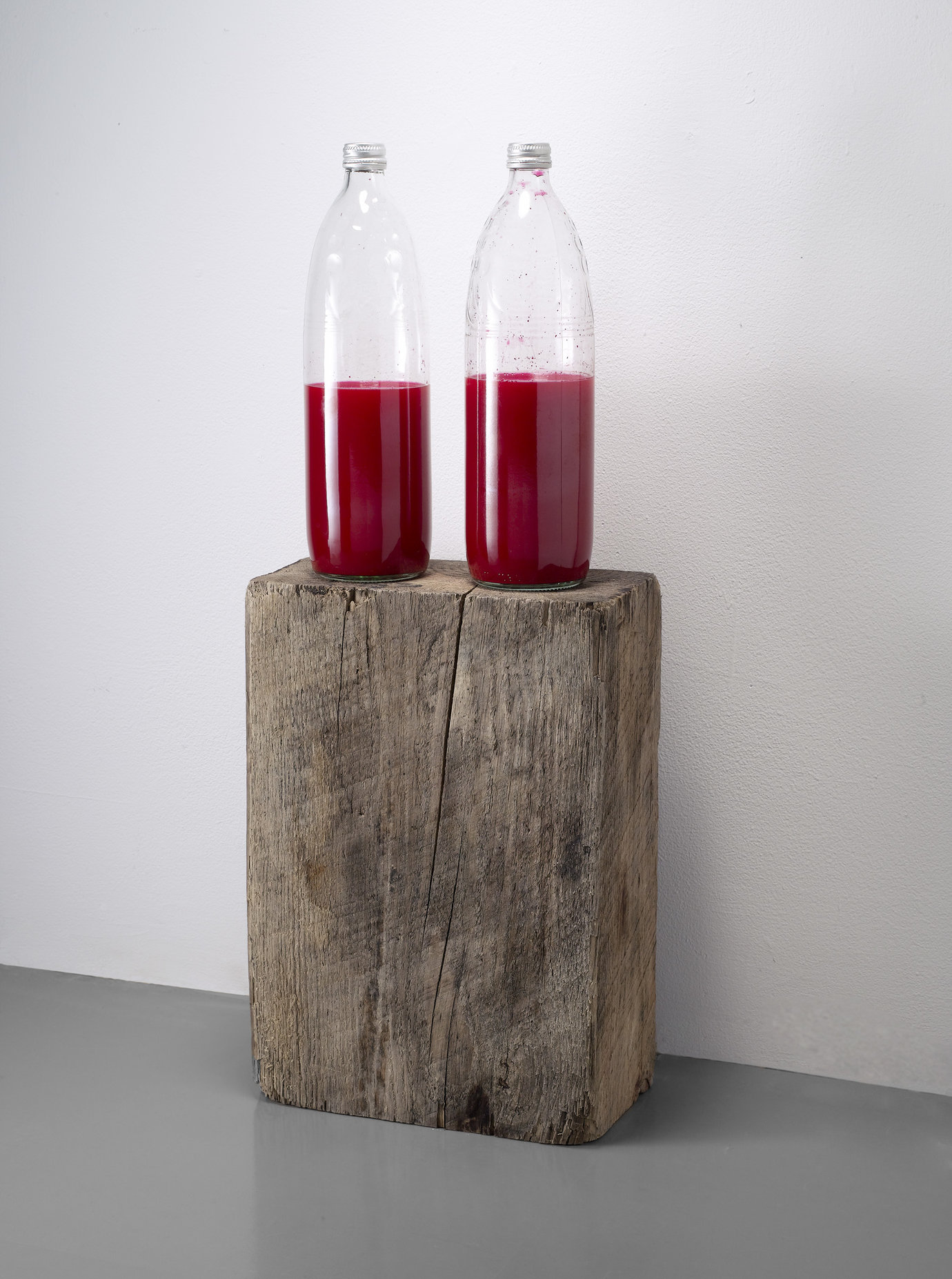 , 2007. Wood block, glass bottles with metal screw lids, ink, water, 25-1/2" x 10" x 5" (64.8 cm x 25.4 cm x 12.7 cm).