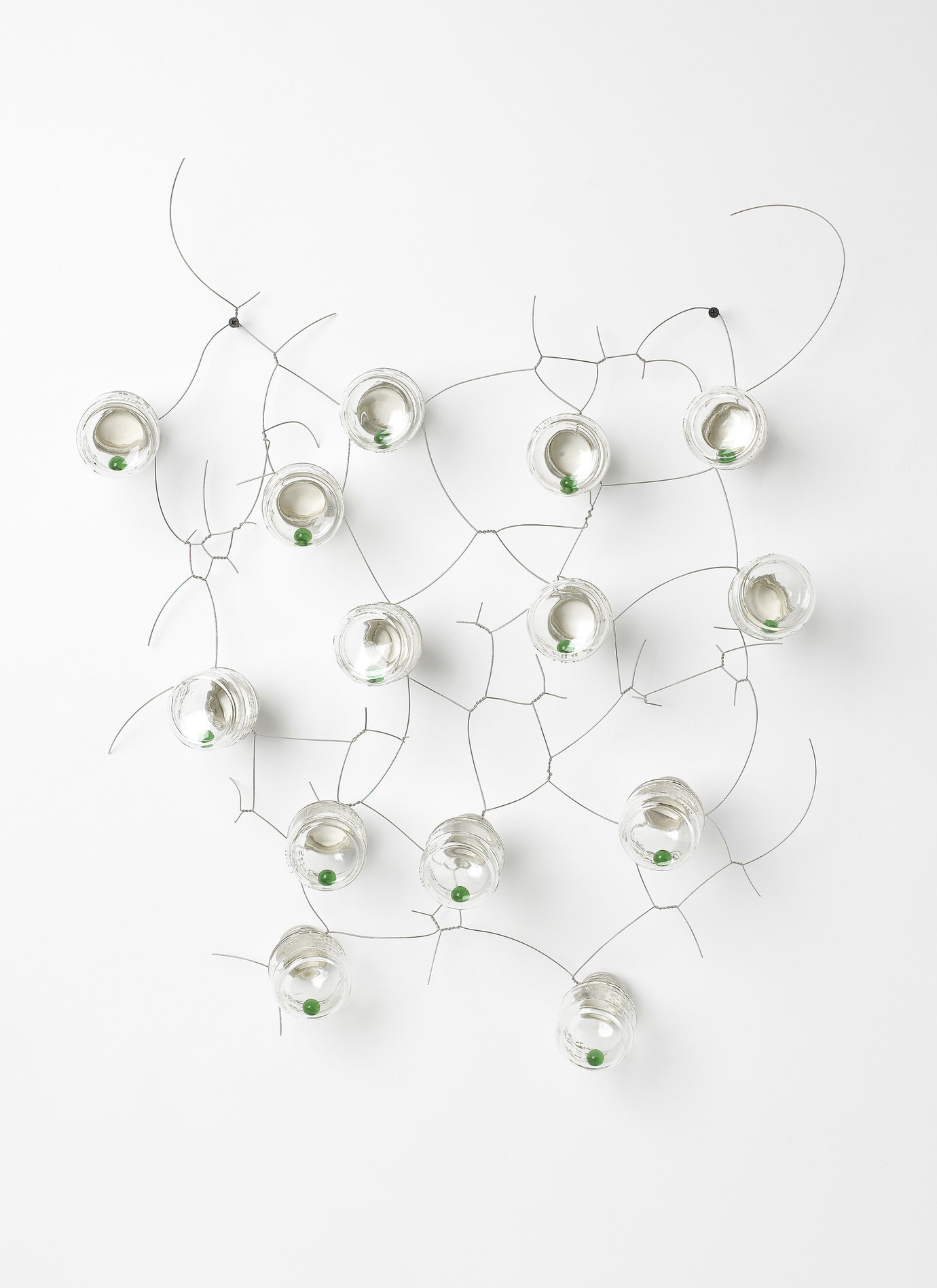 , 2008. Glass jars with metal screw lids, glass marbles, stainless steel wire, 30" x 35" x 6" (76.2 cm x 88.9 cm x 15.2 cm).