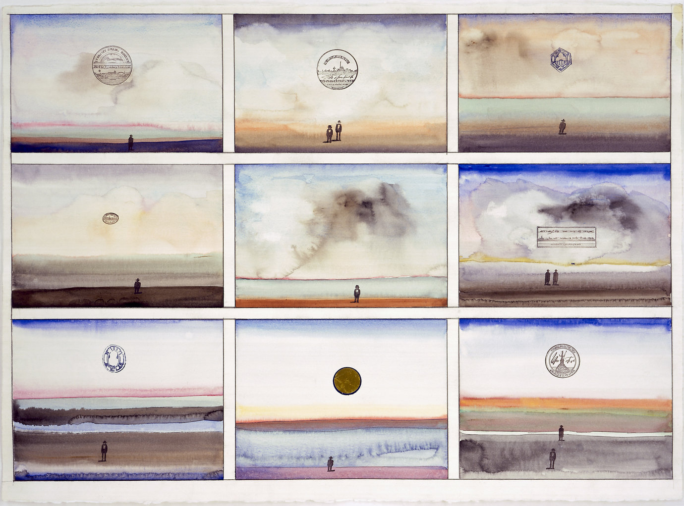 , c. 1970s. Watercolor, colored pencil, rubber stamp and collage on paper, 22-1/2" x 30" (57.2 cm x 76.2 cm).