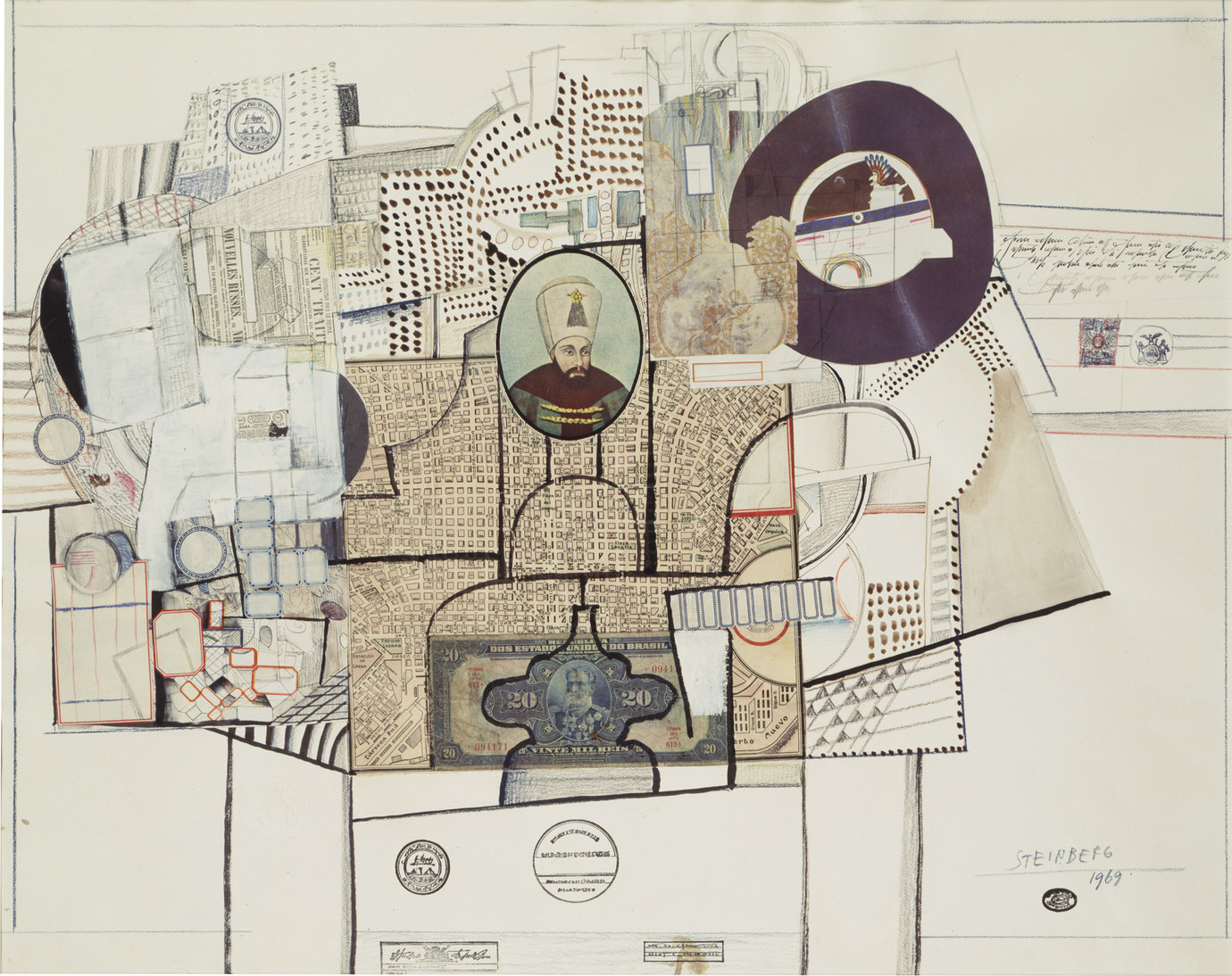 , 1969. Pen, ink, colored pencil, graphite, oil paint, rubber stamps and collage on paper, 22-3/4" x 28-3/4" (57.8 cm x 73 cm).