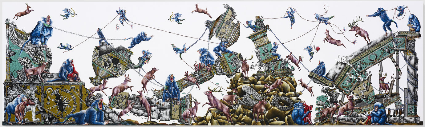 , 2011-2012. Acrylic, enamel, glitter and rhinestones on paper, 19-11/16" x 66-15/16" (50 cm x 170 cm).