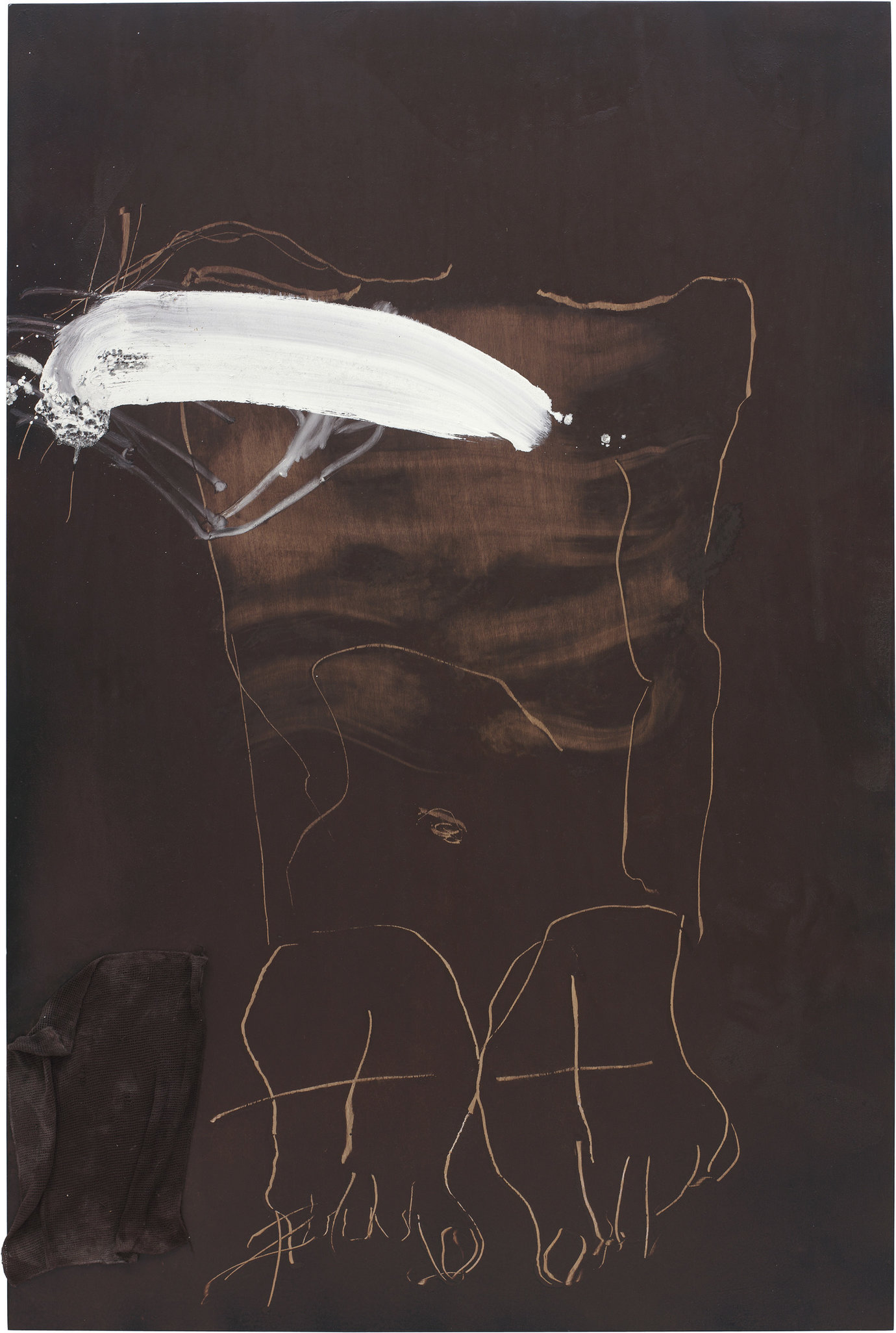 . Acrylic paint and collage on wood, 76-3/4" x 51-1/4" (194.9 cm x 130.2 cm).