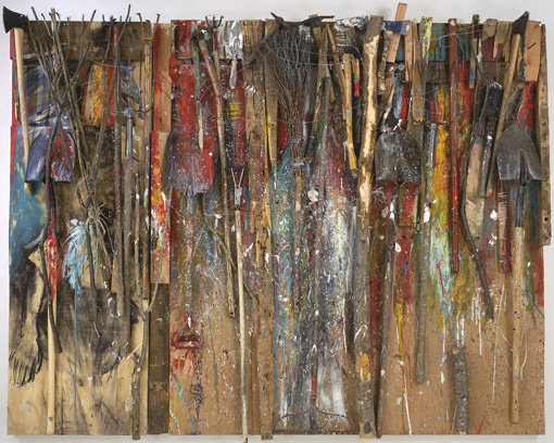 , 2001. Oil, enamel, charcoal, bondo and found objects on two wood panels, 6' 9" x 8' 4" (205.7 x 254 cm), overall.