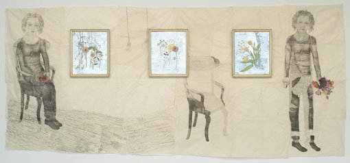 , 2007-2008. Ink on nepal paper with glass glitter, lithographic crayon and silk tissue;
oil paint on mouth-blown clear antique glass with white and yellow gold leaf, two works on nepal paper, 73-1/2" x 85-1/2" (186.7 cm x 217.2 cm) and 75" x 86" (190.5 cm x 218.4 cm)
three glass panels, 23-5/8" x 19-3/4" (60 cm x 50.2 cm) each.