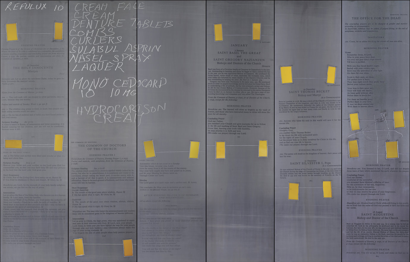 , 2008. Lead and stained glass on lead, 7' 8-1/2" x 11' 9-3/4" (235 cm x 360 cm), overall installed
7' 8-1/2" x 1' 11-5/8" (235 cm x 60 cm), 6 panels, each.