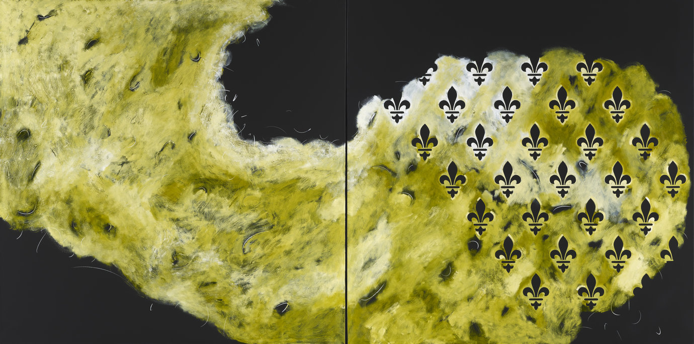 , 2012. Oil and oilstick on canvas, 6' 6-3/4" x 13' 1-1/2" (200 cm x 400 cm), overall installed
6' 6-3/4" x 6' 6-3/4" (200 cm x 200 cm), 2 panels, each.