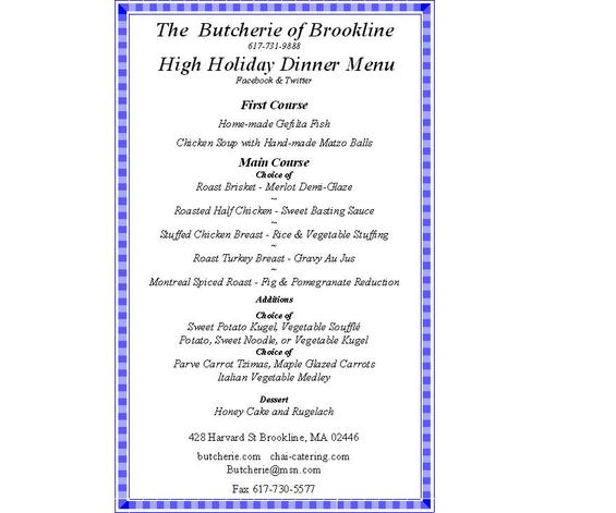 The Butcherie of Brookline Holiday Dinner Menu