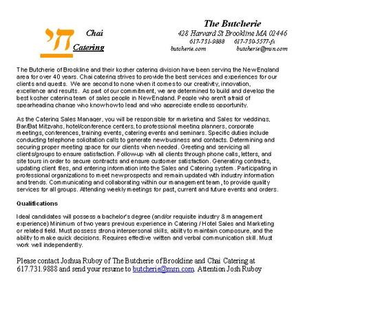 Kosher Catering sales position available