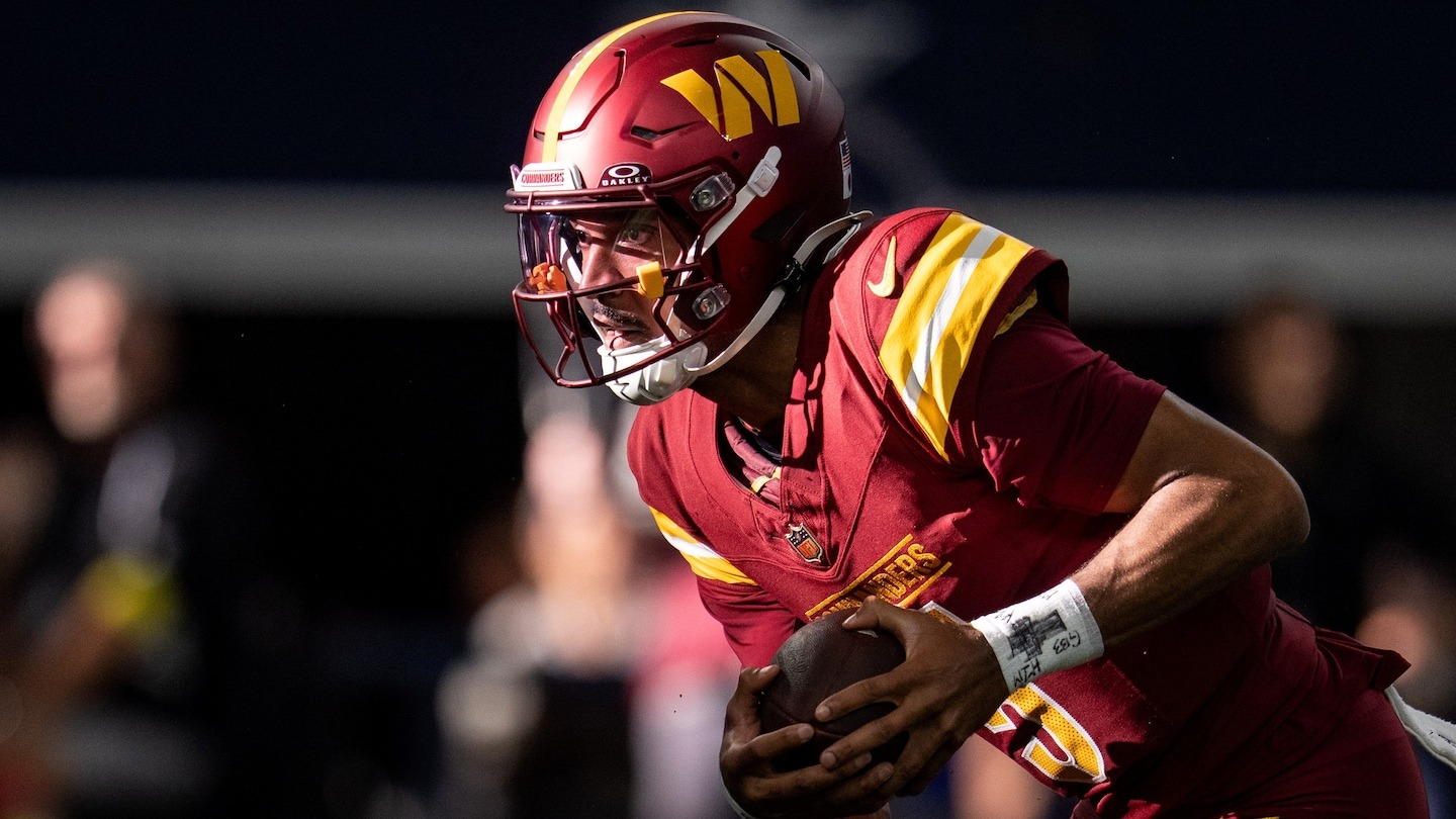 Commanders-Quarterback Jayden Daniels wird das Spiel am Montagabend gegen ...