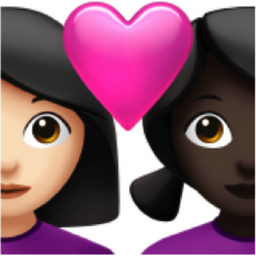 couple with heart: woman, woman, light skin tone, dark skin tone emoji