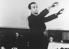 Caption: Czech composer Karel Anerl conducting the Terenzin Strings Orchestra. Photo from propaganda film made by the Nazis, Credit: Courtesy of the US Holocaust Memorial Museum
