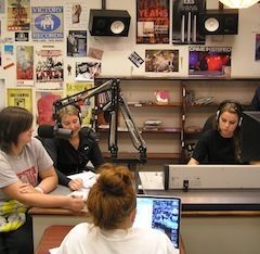 Caption: Julia and Ingrid host the show while Lindsay and Stephanie manage the audio., Credit: Anthony Fleury