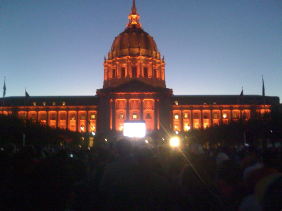 Caption: Civic Center in orange lights for World Series, Credit: Martina Castro
