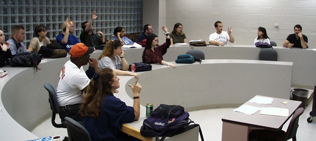 Caption: The secret behind Gallaudet's circular classrooms lies in something called "visual attention.", Credit: Gallaudet University