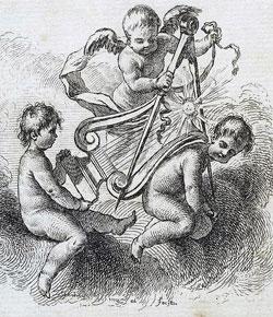 Caption: This printer’s mark shows three putti holding a harp and a compass, combining the measure and tone of music with the precision of mathematics. Title page detail from Francesco Algarotti's Dialoghi sopra la luce, i colori e l'attrazione... , Credit: Image courtesy of the Roy G. Neville Historical Chemical Library, Othmer Library of Chemical History, Chemical Heritage Foundation.