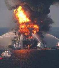 Caption: Fire boat response crews battle the blazing remnants of the offshore oil rig Deepwater Horizon on April 21, 2010., Credit: Flickr user EPI2oh.