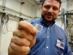 Caption: Joseph Orgel holds his sample of T. rex tissue. , Credit: (WBEZ/Michael De Bonis)